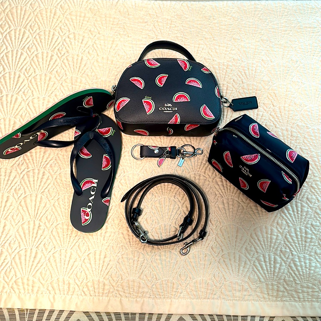 4pc Coach Watermelon Set Crossbody Bag, Flops, Cosmetic Bag & Keyfob Rare